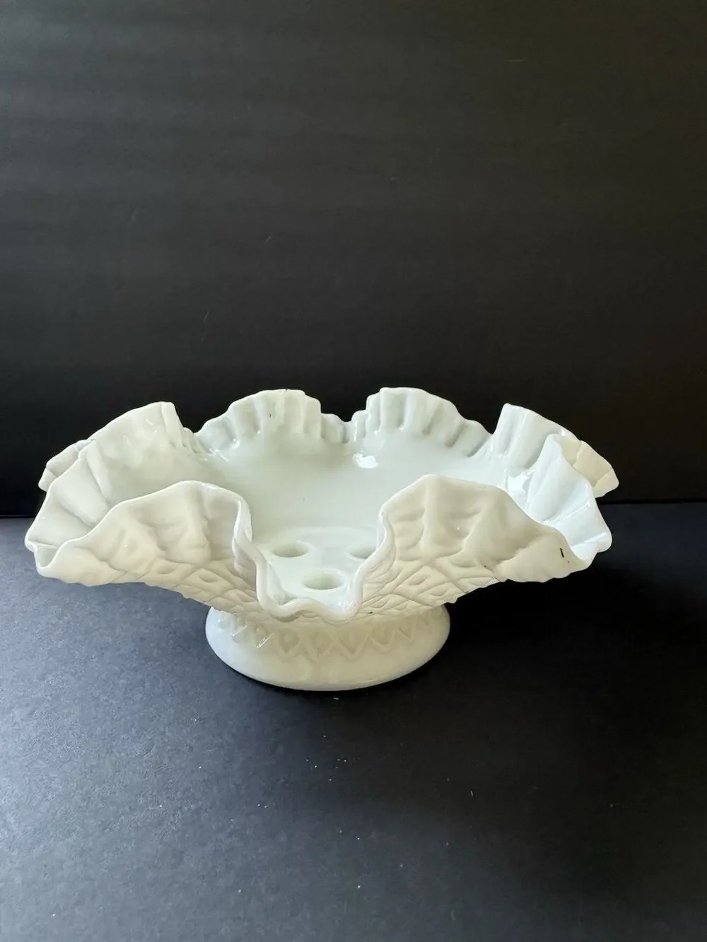 Fenton Hobnail White Milk Glass Double Crimped Ruffled Vase Vintage Pedestal